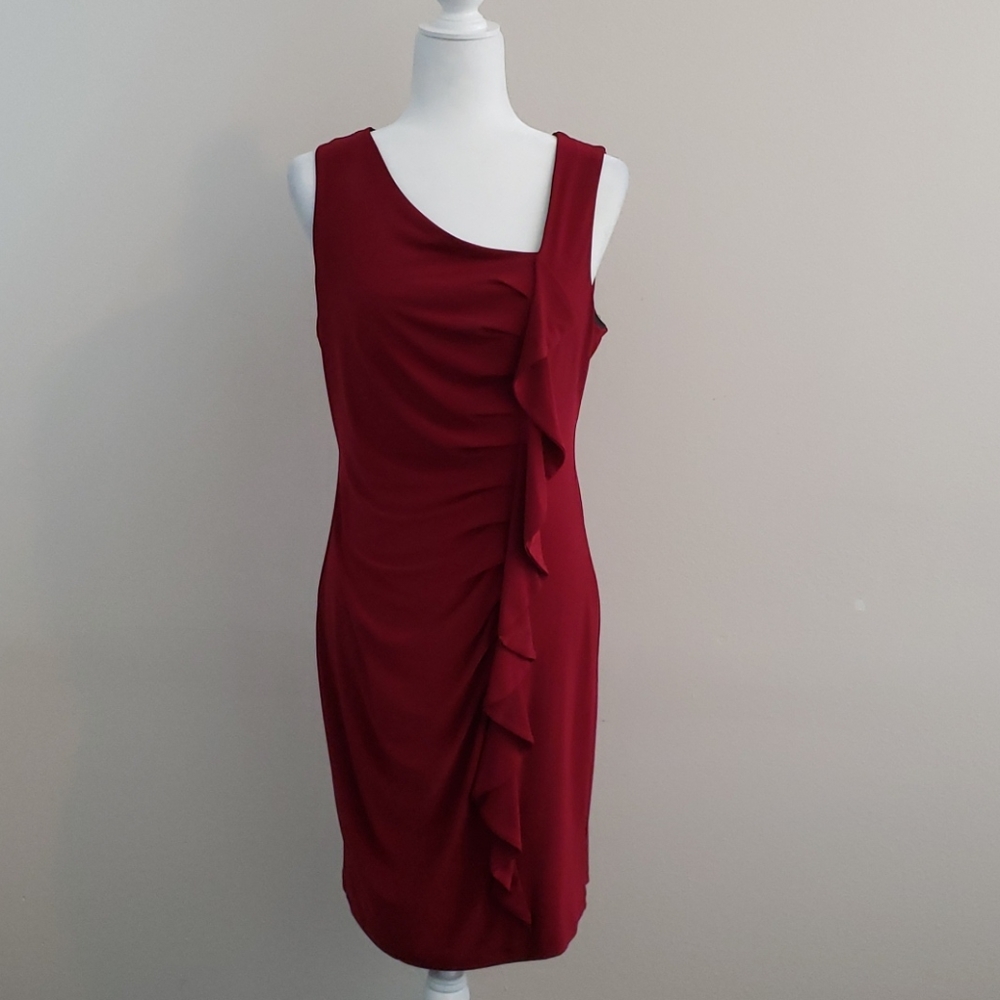 Enfocus Studios Burgandy Ruffle Sheath Dress Sz 10